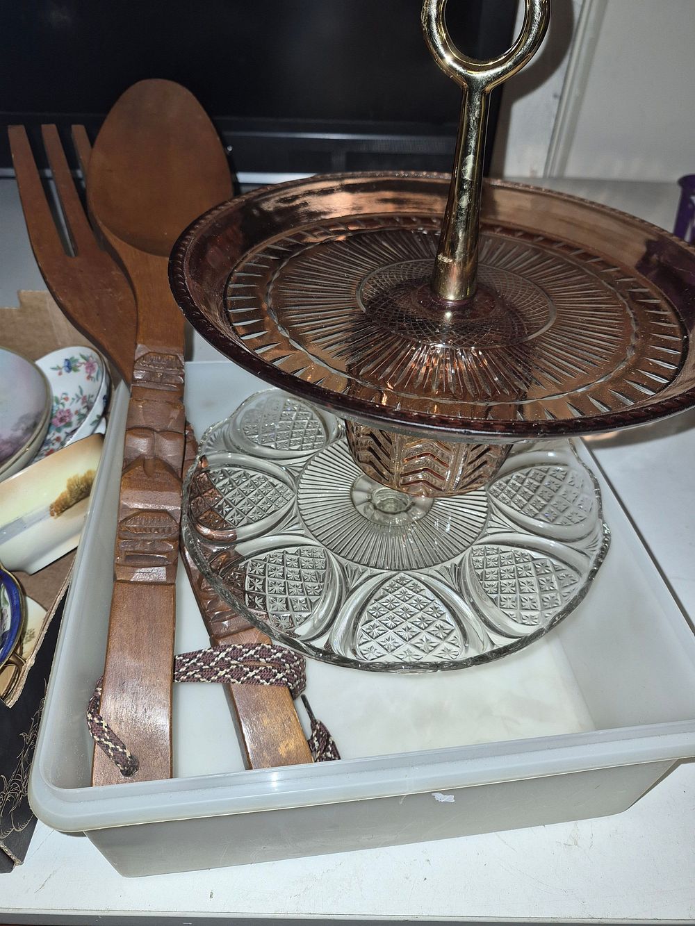 Lot 278 – A Collection of Vintage Pressed Glass Serving Ware and Carved Wooden Utensils
