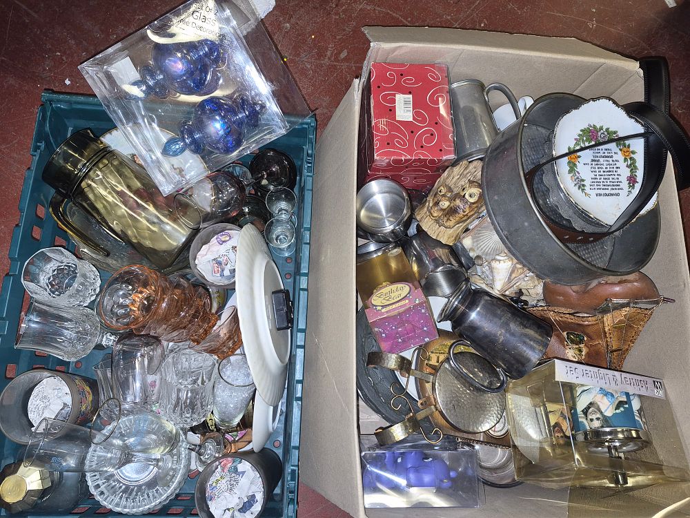 Lot 292 – Two Boxes of Miscellaneous Glassware, Ceramics, and Metalware Including boxed Iridescent Ornaments