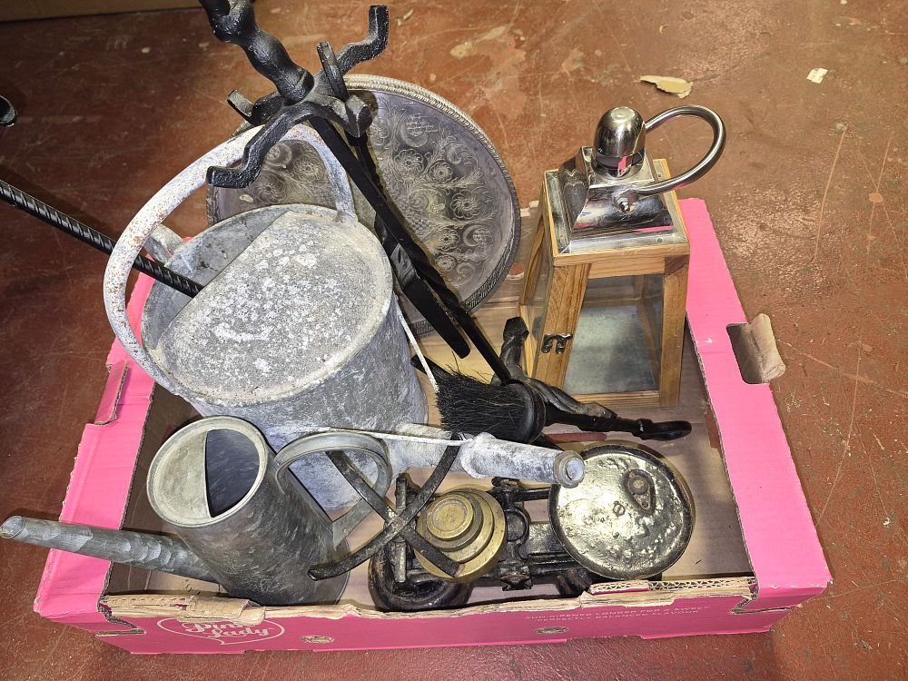 Lot 299 – A Collection of Vintage Fireplace Tools, Galvanised Watering Cans, and Decorative Homewares