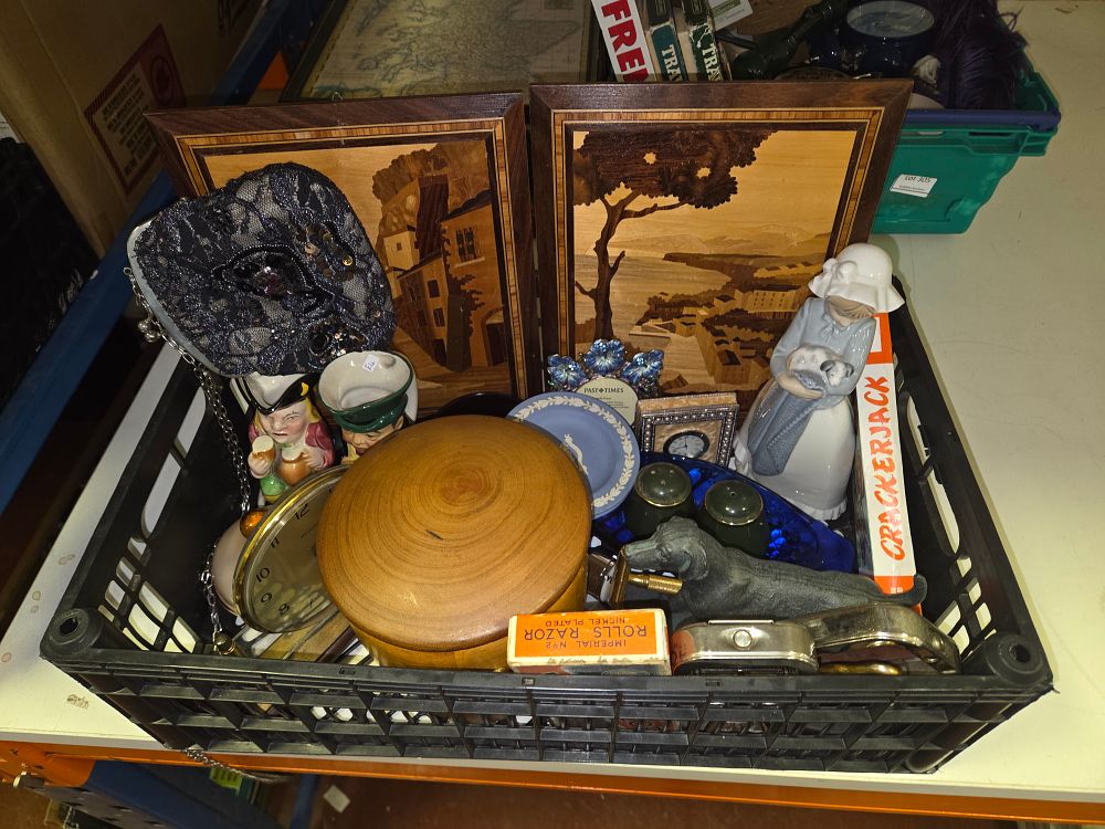 Lot 306 – A Crate of Miscellaneous Decorative Items and Collectables Including Metamec Clock and Rolls Razor