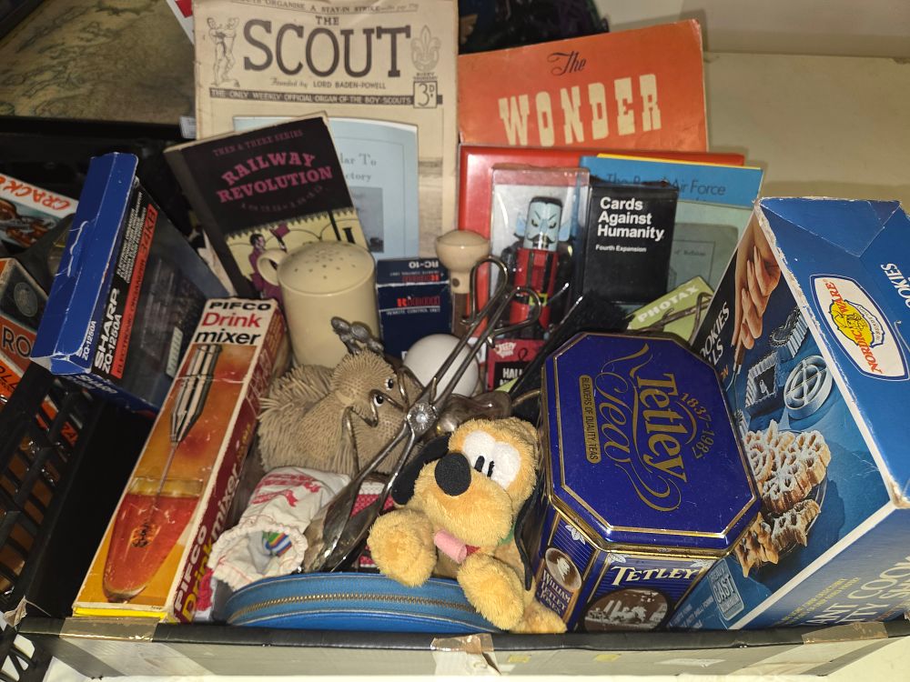 Lot 307 – Box of Mixed Collectables Including The Scout Magazine Tetley Tea Commemorative Tin and Sharp Electronic Organizer