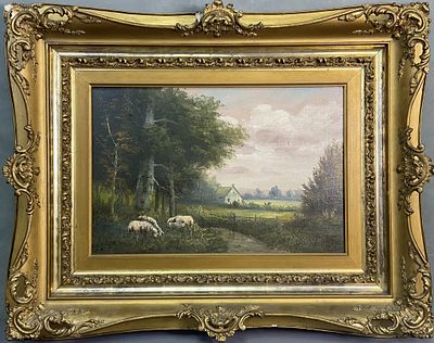 Antique Provençal Oil Painting Signed Oil painting on canvas of sheep in a field. Signed G 