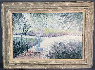 Original Landscape Oil Painting Signed Large oil painting of a woman walking amongst trees in 
