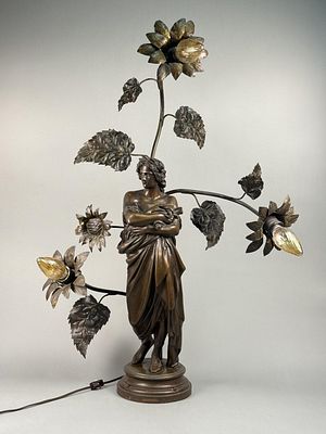 Art Nouveau Bronze Figural Lamp Large bronze lamp with three lights bursting from flowers. 