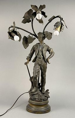 French Spelter Agriculture Table Lamp Spelter sculpture, late 19th or early 20th centity 