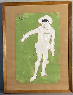Pablo Picasso Serigraph Le Petite Pierrot Green and white on brown background Serigraph of 