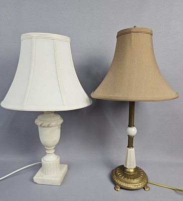 Two Alabaster Base Table Lamps Alabaster table lamps, one urn shaped, and one partially brass. 