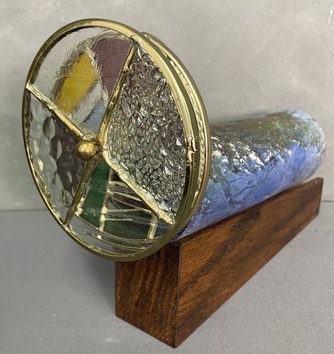 J Apol Signed Kaleidoscope with Stand Ceramic kaleidoscope with two glass panes, one stained 