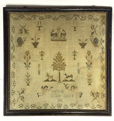 Antique 19th Century Needlepoint Sampler 1805 School Girl Made signed "Hannah Dranc? Aged 11" 