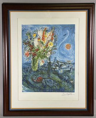 Marc Chagall Signed Lithograph Blue With Bouquet Matted and framed. Frame size 31 x 25 inches. 