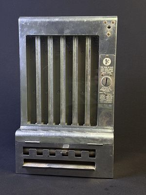 Vintage Mills Penny Gum Vending Machine Glass intact. Scuffs and scratches present. Missing 