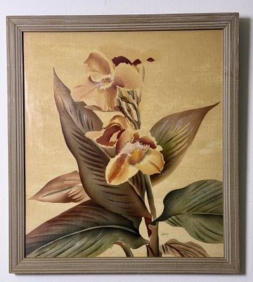 Benjamin Jorj Harris Art Deco Tropical Floral Watercolor. A framed watercolor painting by 