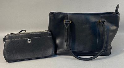 A Coach Black Leather Wristlet and an L.L.Bean Black Leather Town Field Tote. A lot comprising 