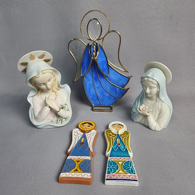 A Collection of Religious Decorative Objects, including Lefton and Hardalt Madonnas, a Stained 