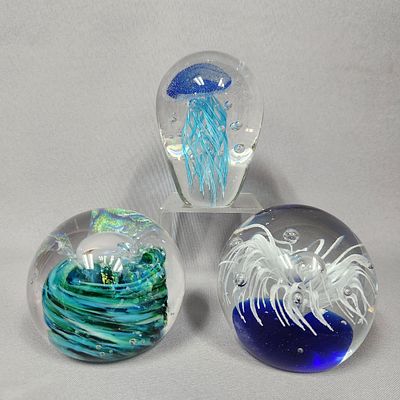 Three Contemporary Art Glass Paperweights, including a 'Jellyfish' example and a signed 'Dai 