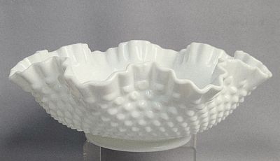 Fenton White Hobnail Milk Glass Ruffled Bowl. A Fenton white hobnail milk glass bowl, featuring 