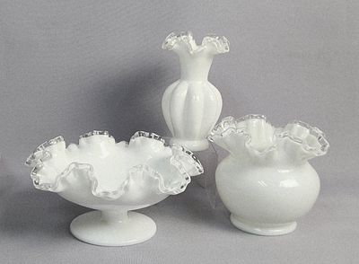 Three Fenton Silver Crest White Milk Glass Vases and Bowl. A collection of three Fenton Silver 