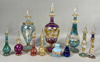 A Collection of Egyptian Hand Blown Glass Perfume Bottles. A collection of eleven decorative 