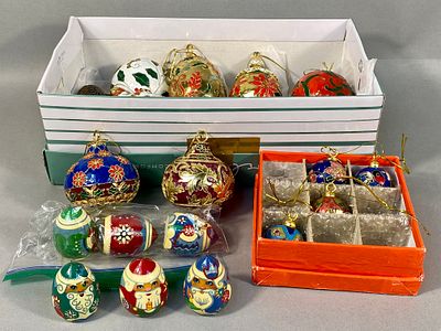 A Collection of Value Arts Cloisonne and Folk Art Wooden Christmas Ornaments. A collection of 