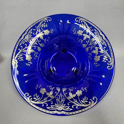 Vintage Cobalt Blue Glass Three-Sectioned Footed Serving Dish with Sterling Silver Overlay. A 