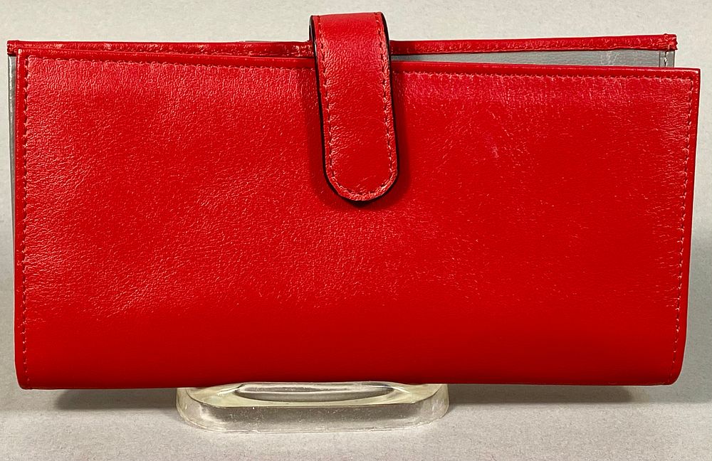 TUSK NEW YORK Red Leather Continental Bifold Wallet with Snap Closure. A TUSK NEW YORK red 