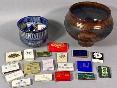 Pottery Bowl, a J.M. Ryan Studio Pottery Cup, and a Collection of Matchbooks. The large bowl is 