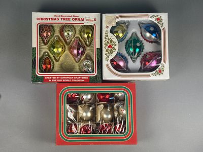 Three Boxes of Vintage Hand-Blown and Hand-Decorated Glass Christmas Ornaments. A collection of 