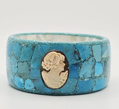 Amedeo Turquoise & Mother of Pearl Cuff Bracelet. Comes with original box. Measures 6" in diameter