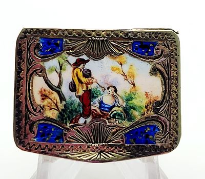Antique Enamel Silver Plate Courting Trinket Box. Trinket box is 1.5".