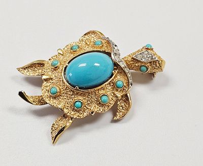 Trifari Turquoise and Rhinestone Turtle Brooch. This figural brooch by Trifari is designed as a 