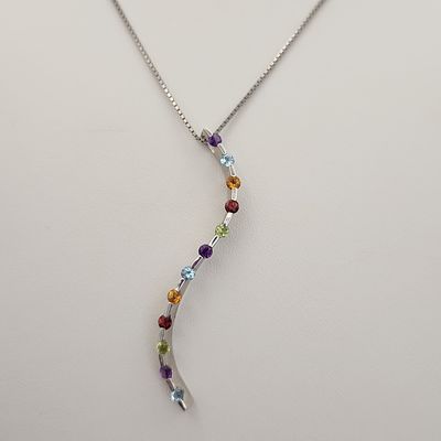 14K Gold Multi-Gemstone Necklace 6.4 Grams. This contemporary necklace is constructed of 14K 