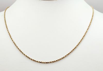 A 14k Yellow Gold Necklace 4.3 Grams. This 14k yellow gold rope chain necklace features a 
