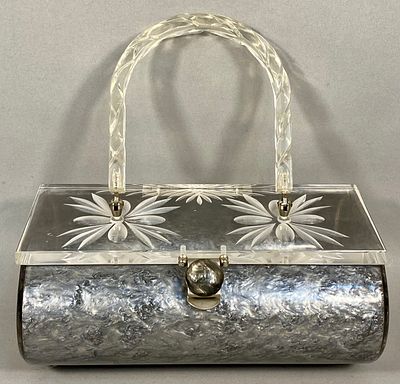 A 1950s Carved Lucite and Confetti Box Purse. A mid-century modern box-style handbag, circa 