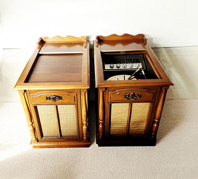 Magnavox Traditional Style Console Stereo Units Models P3432 & S8742. A pair of mid-20th-century 