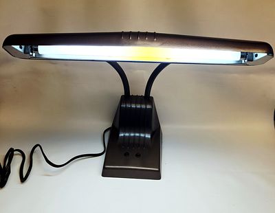 Industrial Style Bronze Finished Fluorescent Desk Lamp with Twin Gooseneck Arms. An industrial 