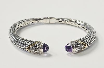 Sterling & 18K Gold Bracelet Amethyst-Colored Gemstones 25.7 Grams. This two-tone hinged cuff 