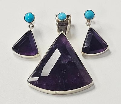 Sterling Amethyst & Turquoise Earrings & Pendant 27.0 Grams. This jewelry set consists of one 