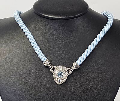 Judith Ripka Sterling Blue Cord Pendant Necklace 18.4 Grams. A light blue twisted cord necklace 