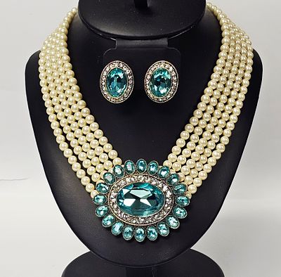 Heidi Daus Faux Pearl and Aquamarine-Toned Crystal Necklace and Earring Set. This two-piece 