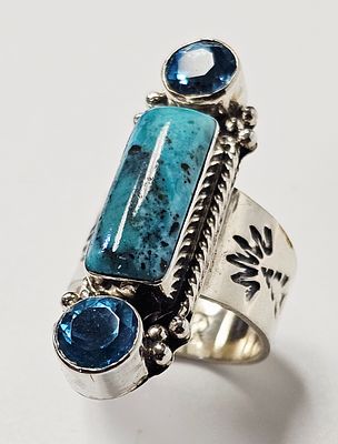 Southwestern Sterling Turquoise & Blue Topaz Ring 11.0 Grams. This Southwestern style statement 