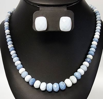 Sterling Faceted Blue Stone Necklace & Earrings. This jewelry set consists of a beaded necklace 
