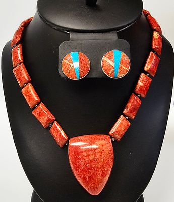 Jay King Sterling Red Sponge Coral & Turquoise Set. This jewelry suite is attributed to Jay King 