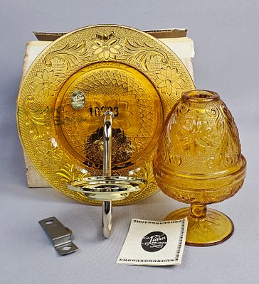 Tiara Exclusives Sandwich Pattern Amber Glass Wall Sconce Set with Original Box. This vintage 