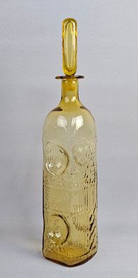 Blenko Art Glass Yellow Decanter Bottle Model 6948. The body features a heavily textured fossil 