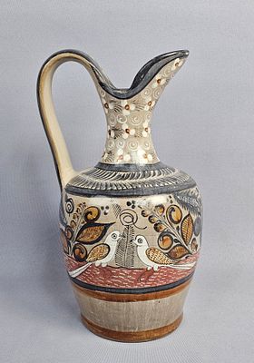 Large Tonala Mexican Pottery Pitcher with Bird Motif. This hand-painted earthenware pitcher is a 