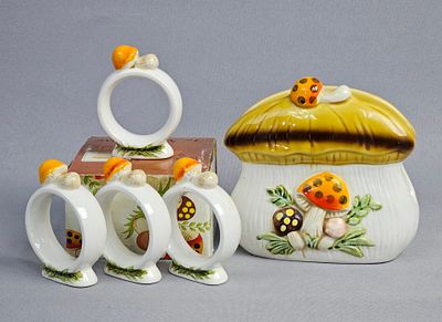 Merry Mushrooms Ceramic Napkin Holder and Ring Set. This ceramic tabletop group is from the 