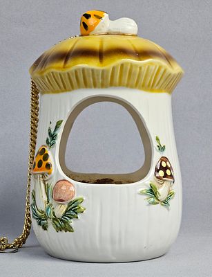 Merry Mushroom Ceramic Hanging Planter. A vintage glazed earthenware hanging planter in the 