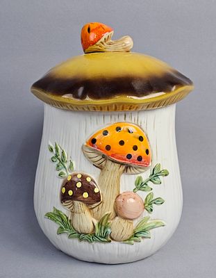 Merry Mushroom Ceramic Canister with Lid. A vintage ceramic canister from the Merry Mushroom 