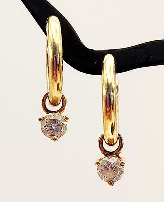 14K Gold Hoop Earrings 2.3 Grams. 14K gold huggie hoop design with dangling accent diamonds. 
