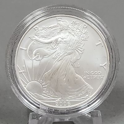 2006-W Eagle One Dollar Coin 31.1 Grams. This is a 2006-W American Silver Eagle one dollar coin 